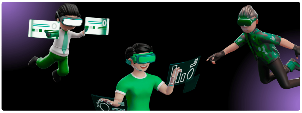 Animações em 3D de meninos em realidade virtual, destacando a crescente popularidade da realidade virtual no design visual, uma técnica usada por gestores de tráfego para aumentar a visibilidade online.